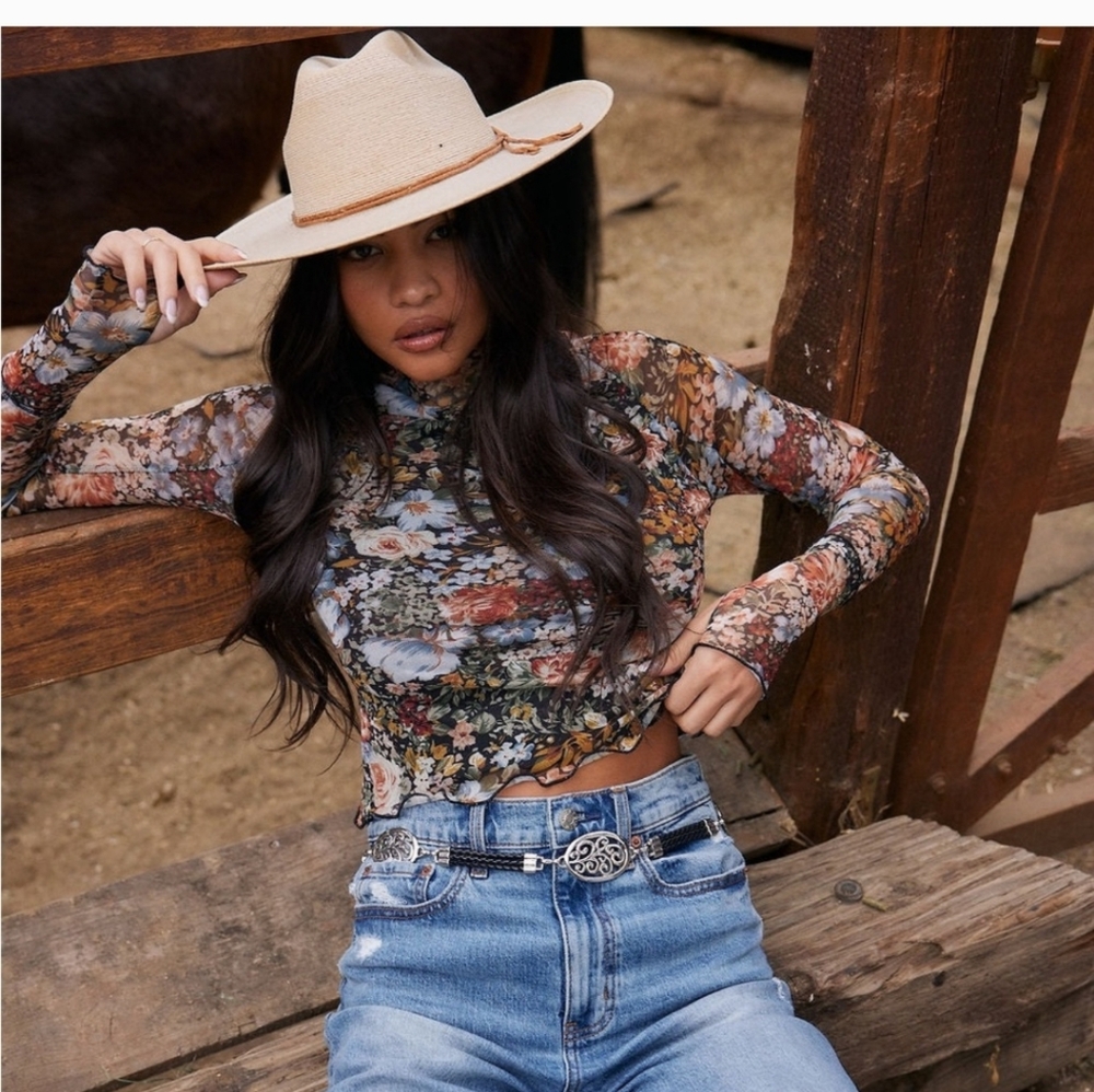 Floral LS Semi Sheer Mesh Top